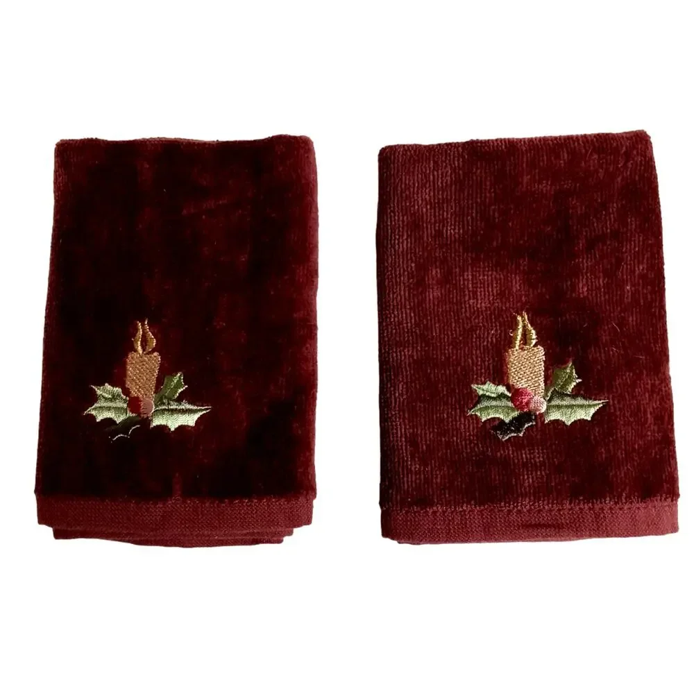 Set of 2 Holiday Washcloths Brown Candle Rustic Cabin Christmas Thanksgiving 12